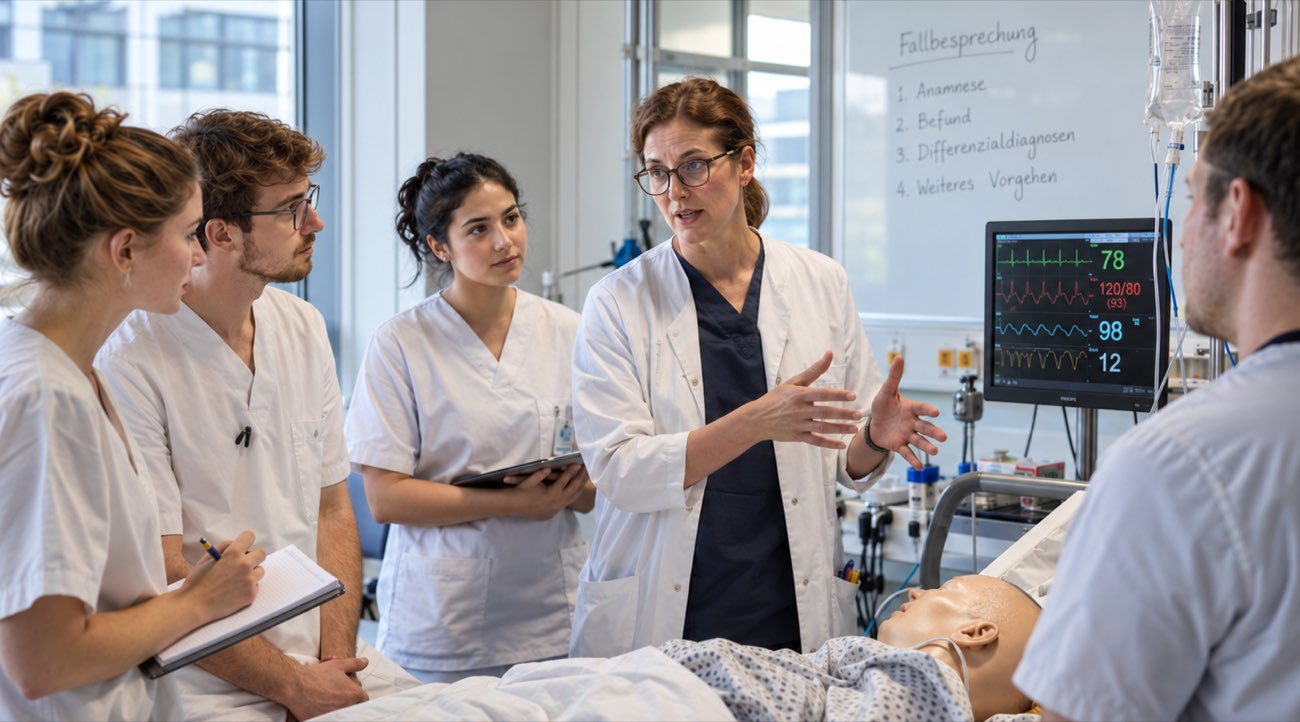 Lehrende bespricht mit Medizinstudierenden einen Fall am Simulationsbett, im Hintergrund ein Whiteboard mit den Schritten der Fallbesprechung