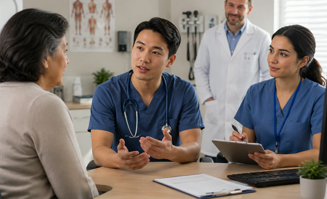 Ärztliches Gespräch mit einer Patientin im Behandlungszimmer